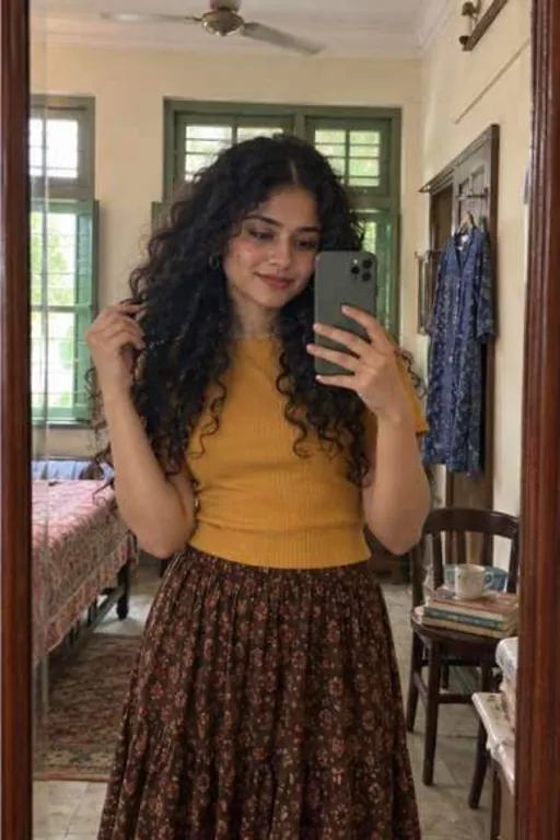 Amyra, 24, call girl in Colaba, Mumbai: mirror photo at her dresser in a mustard top and printed skirt
