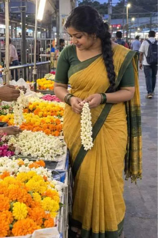 Bhavna, 26, call girl in Borivali, Mumbai: in a mustard saree buying jasmine at a flower stall in Borivali