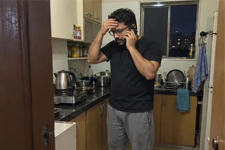 A worried man in a black T-shirt calls the helpline from his kitchen in Thane late at night
