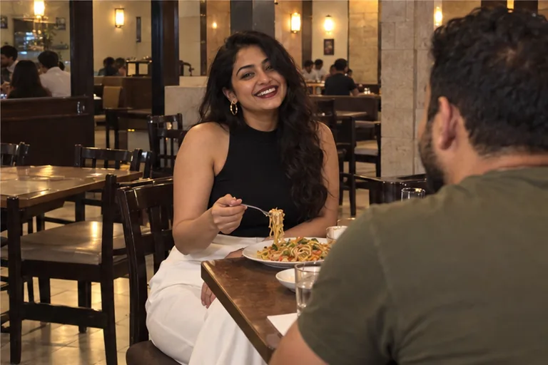 A woman in a black halter top laughs over noodles at a small hotel restaurant in Vashi