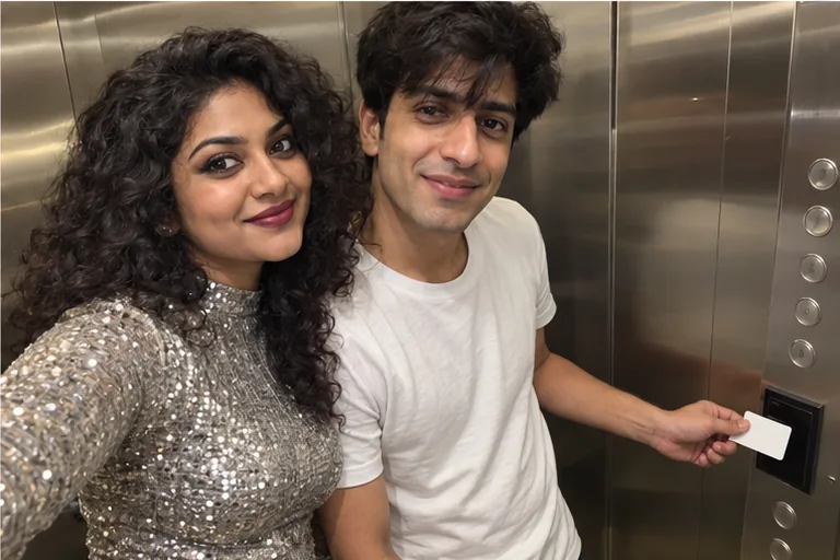 A woman in a silver sequinned dress takes a selfie in a hotel lift while her date holds the room key card to the reader