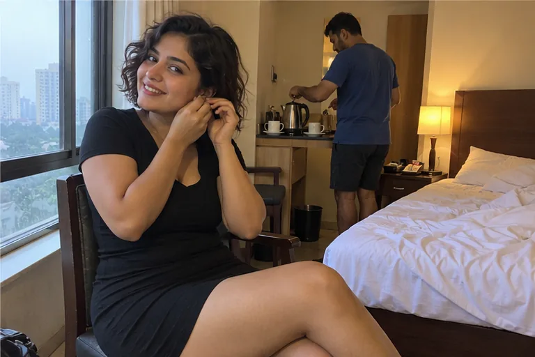 A woman in a black dress puts on an earring by the window of an Andheri hotel room in the early morning