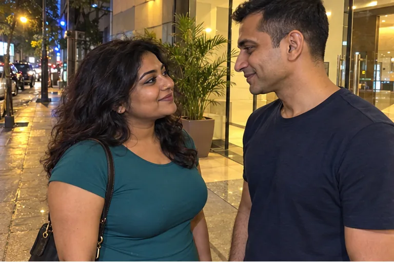 A woman in a teal dress and her date in a navy T-shirt say hello outside an Andheri East hotel at night