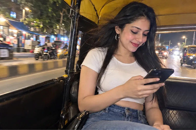 A woman in a white crop top reads a WhatsApp message in an auto rickshaw at night, smiling