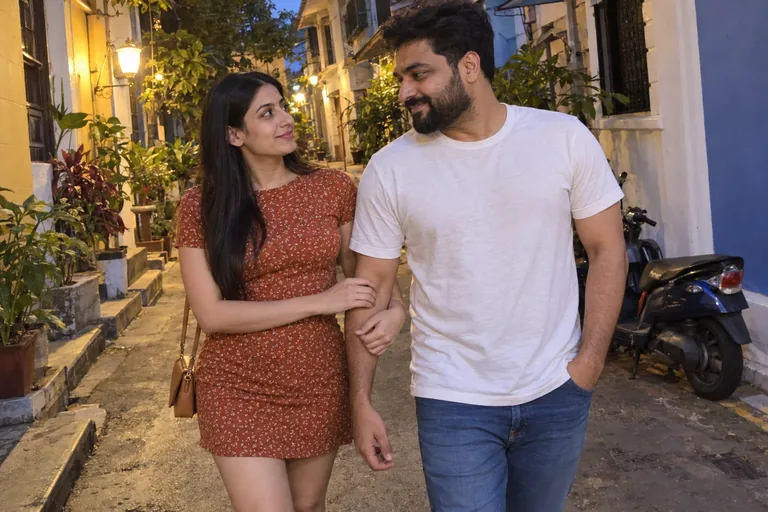 A woman in a rust-orange short dress walks arm in arm with her date down an old Bandra lane in the evening
