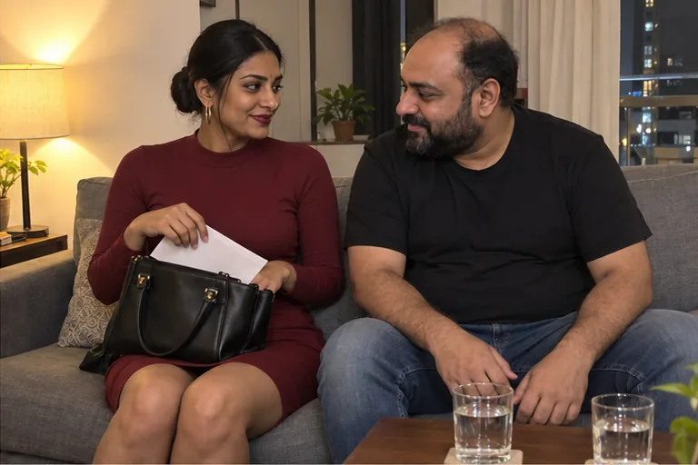 A woman in a wine-red dress slips a white envelope into her handbag on a sofa in a Worli flat, her date beside her