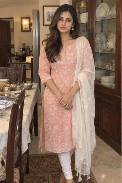 Diya, 24, call girl in Bandra, Mumbai: at a family dinner in a peach chikan kurta and dupatta