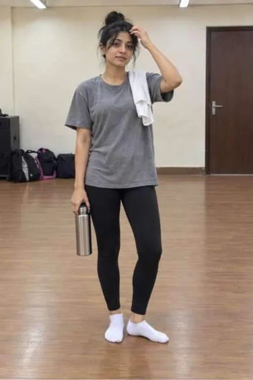 Jagriti, 24, call girl in Borivali, Mumbai: after dance practice in a grey tee and black leggings, a towel on her shoulder