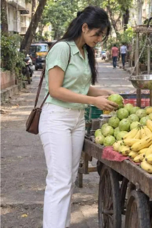 Jagriti, 24, call girl in Borivali, Mumbai: picking guavas at a fruit cart in IC Colony in a mint shirt