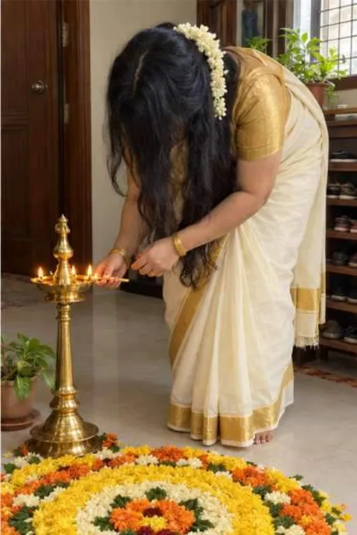 Kashvi, 37, call girl in Powai, Mumbai: lighting a brass lamp at Onam in a kasavu saree, her hair over her face