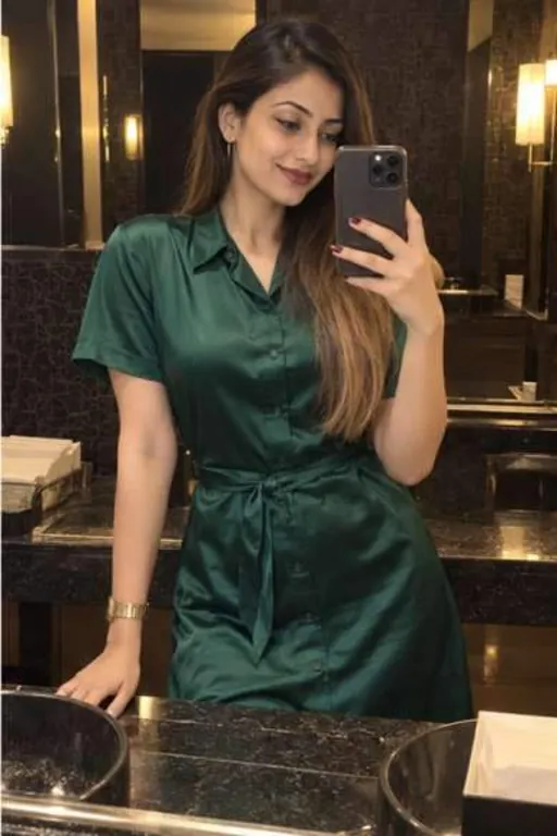 Kiyara, 23, call girl in Nerul, Mumbai: mirror photo in a lounge washroom in a green satin dress