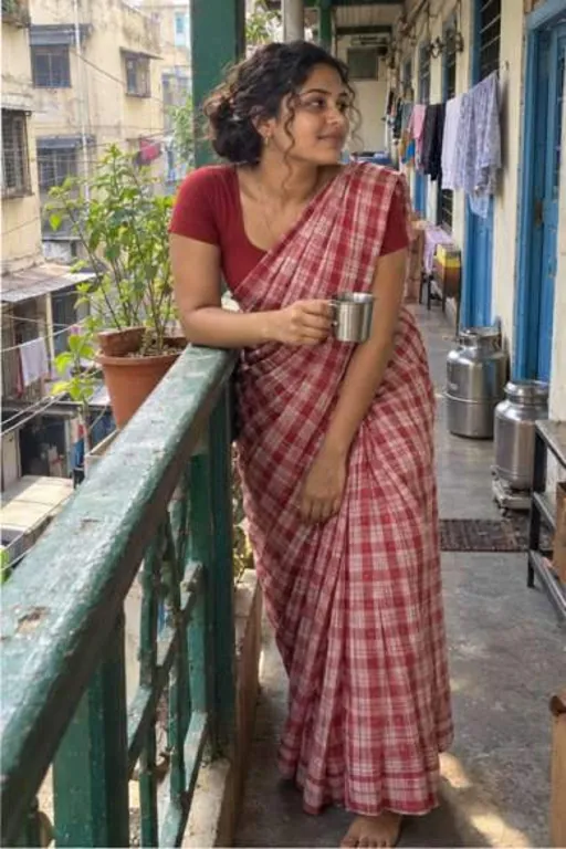 Meera, 24, call girl in Bandra, Mumbai: on a Bandra East chawl balcony in a red check Goan saree with a cup of tea