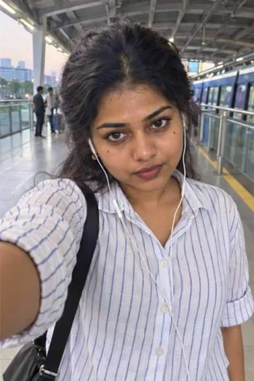 Aadya, 25, call girl in Chembur, Mumbai: selfie on a monorail platform in a striped shirt with earphones