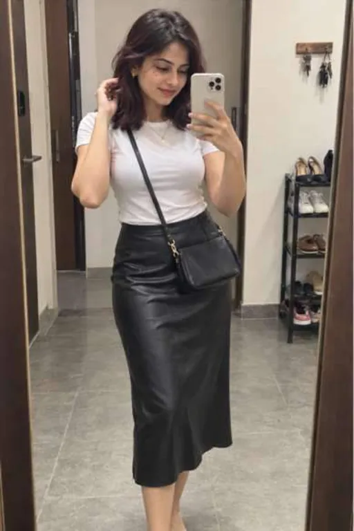 Prisha, 24, call girl in Lower Parel, Mumbai: mirror photo by her front door in a white tee and black skirt