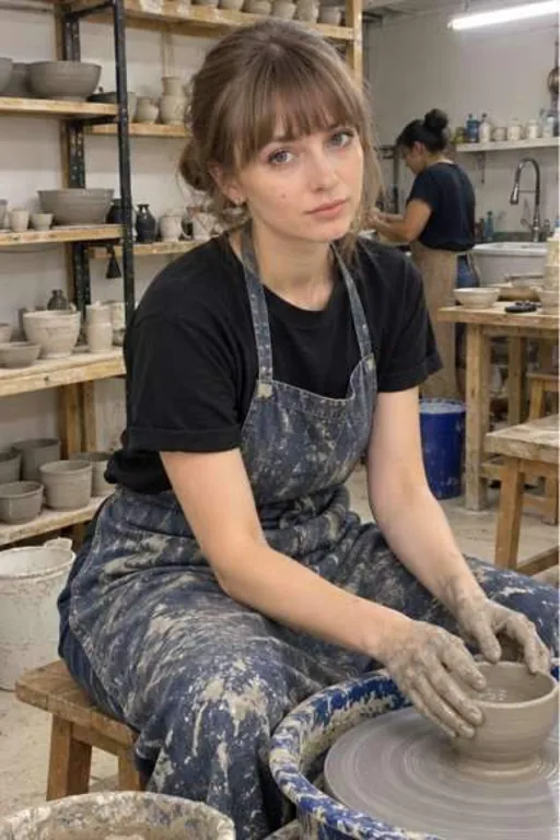 Zlata, 25, call girl in Powai, Mumbai: at a pottery wheel in a black tee and apron